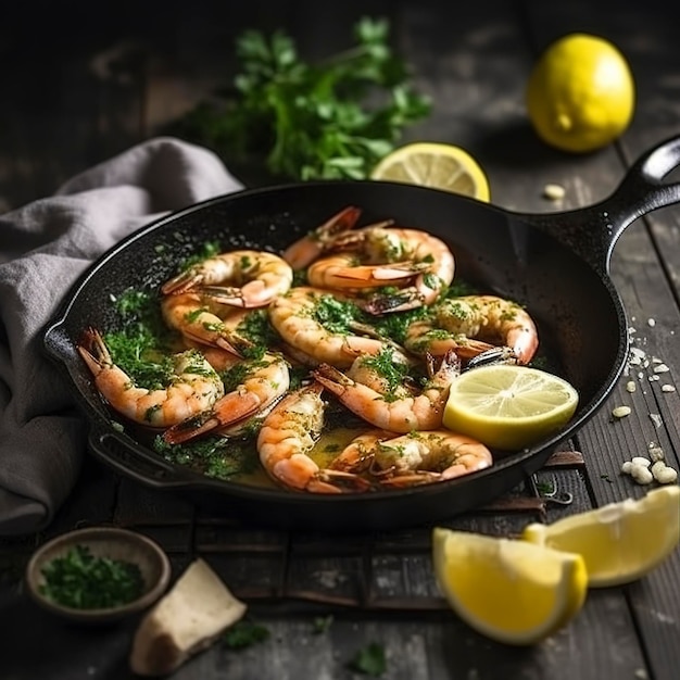 Gamberi Gamberi arrostiti in padella con limone e aglio su fondo rustico scuro vista dall'alto generano ai