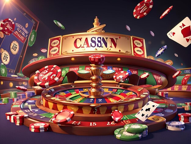 Game Backdrop Banner Illustrazione 3D con elementi di casinò Craps Roulette e carte da poker