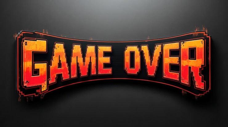 Photo game over logo in retro 8bit style with pixel art