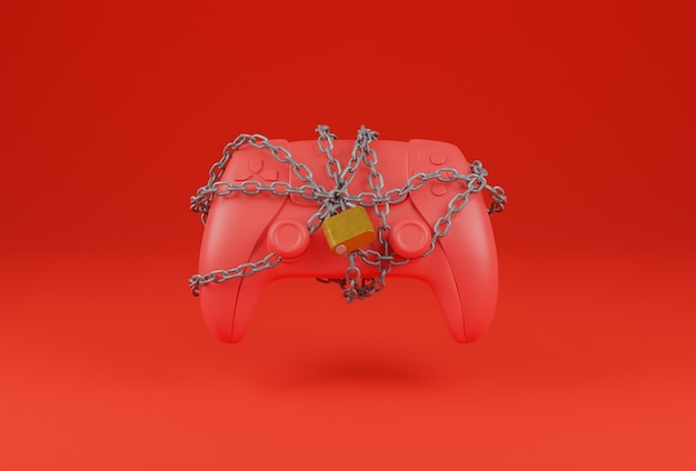 Game pad rosso con una catena aggrovigliata e un lucchetto che lo chiude su uno sfondo rosso. concetto di giocatore. Rendering 3D