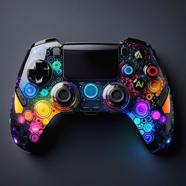 Gamepad con luci al neon colorate su uno sfondo scuro rendering 3D