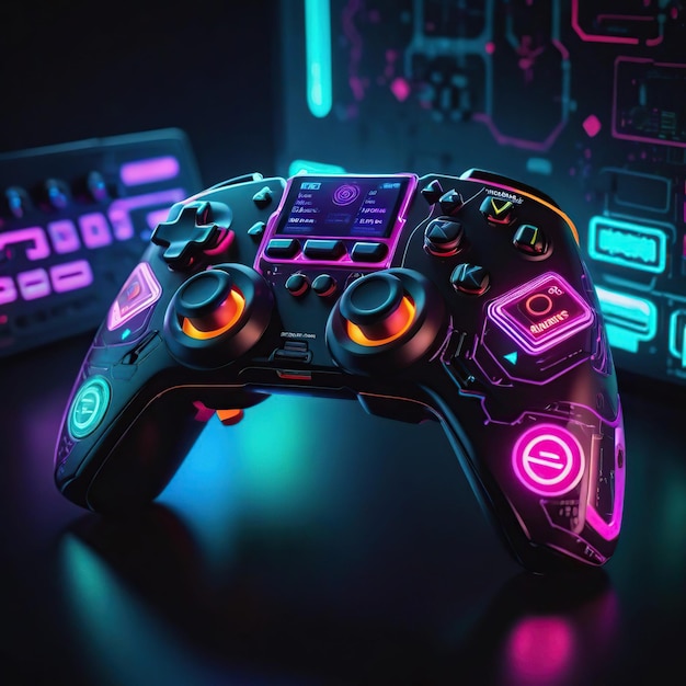 Gamepad con luci al neon colorate su uno sfondo scuro rendering 3D