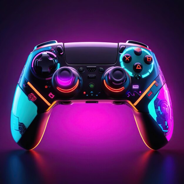 Gamepad con luci al neon colorate su uno sfondo scuro rendering 3D