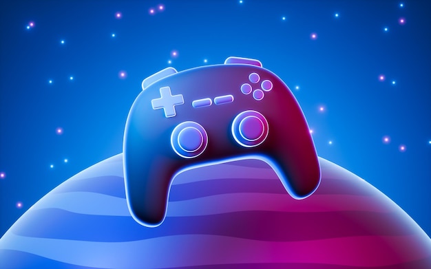 Gamepad e pianeti con sfondo stella rendering 3d