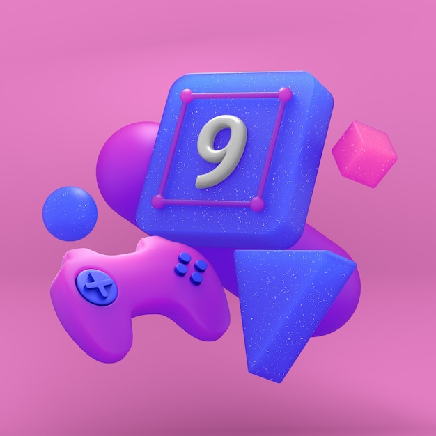 Gamepad sulle palline colorate su sfondo blu. rendering 3D.