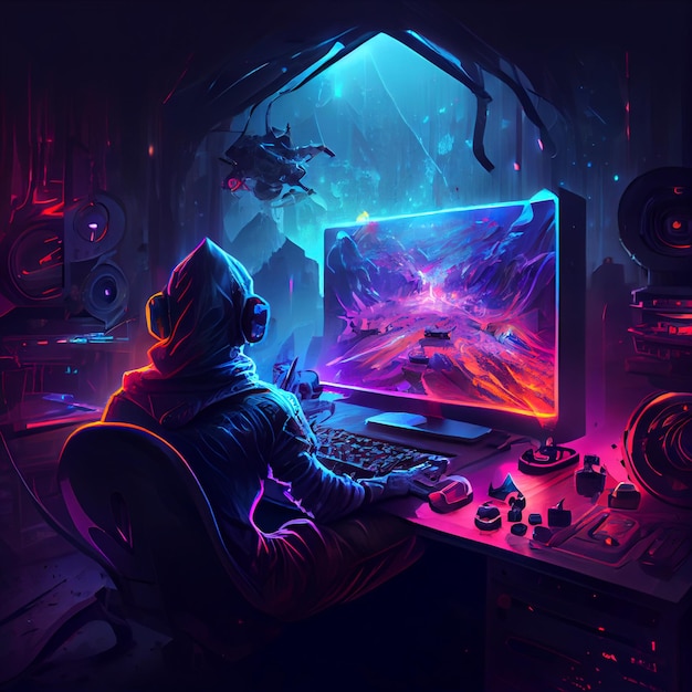 Gamer che gioca sull'illustrazione di gioco del computer del PC desktop