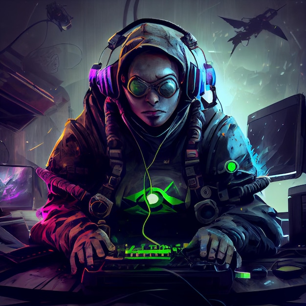 Gamer che gioca sull'illustrazione di gioco del computer del PC desktop