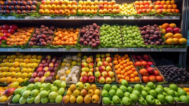 Gamma colorata di frutta fresca in mostra presso il fruttivendolo locale IA generativa