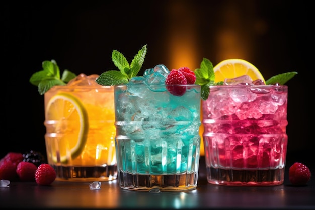 Gamma di popolari cocktail alcolici fotografie di cibo colorate da 85 mm con dof e bokeh illuminazione bianca luce da studio colori altamente saturi