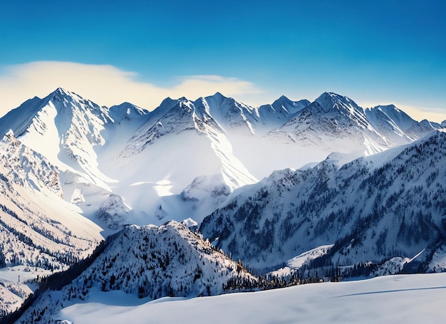 Gamma innevata del paese delle meraviglie della montagna in una giornata limpida