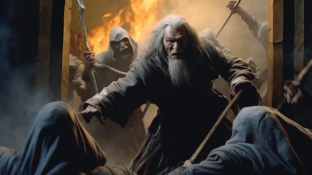 Gandalf sta combattendo un gruppo di orchi che proteggono l'arte generata da Ai.