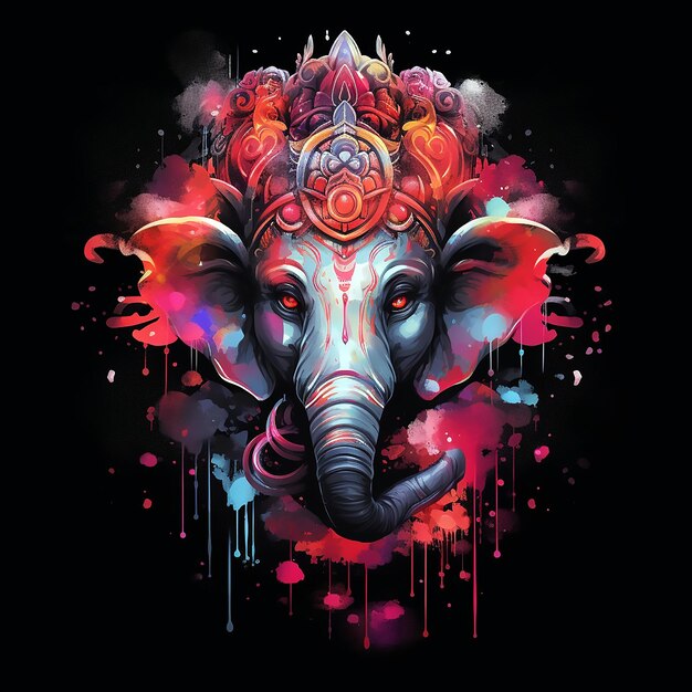 Ganesh dio indiano dell'elefante Un'illustrazione dettagliata in rosso con splash magico e vibrazioni oscure