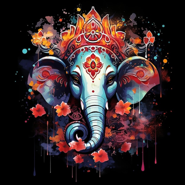 Ganesh dio indiano dell'elefante Un'illustrazione dettagliata in rosso con splash magico e vibrazioni oscure