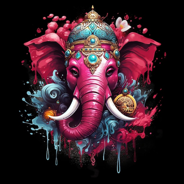 Ganesh dio indiano dell'elefante Un'illustrazione dettagliata in rosso con splash magico e vibrazioni oscure