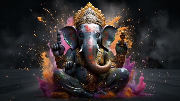 Ganesha con testa di elefante in spruzzi di polvere di vernice colorata sacra