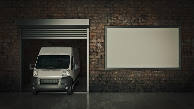 Garage con serranda aperta. Rendering 3D