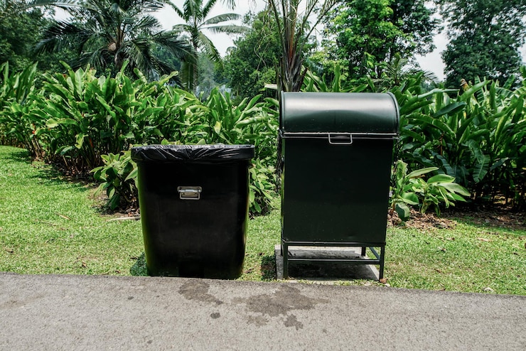 Photo garbage bin by trees and plants in park