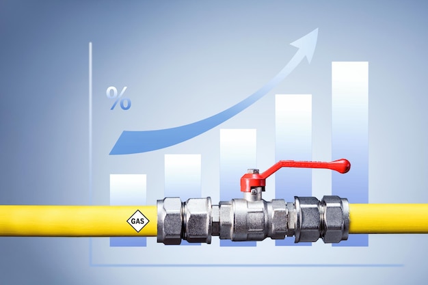 Gasdotto giallo con valvola e grath di aumento dei prezzi del gas