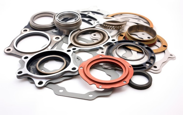 Gasket e guarnizioni colorate del motore isolate su sfondo bianco