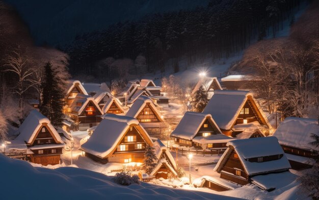 Gassho Zukuri Folk Village Shirakawago illuminazione in inverno Giappone IA generativa