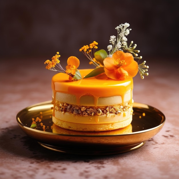 Gastronomia Dorata Una delizia celestiale di pasticceria arancione e oro ornata con finezza floreale