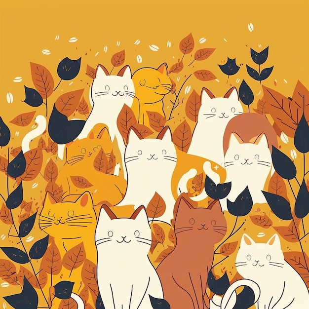 Gatti carini, illustrazione 2d, vettore, stile cartone animato, sfondo di foglie d'autunno