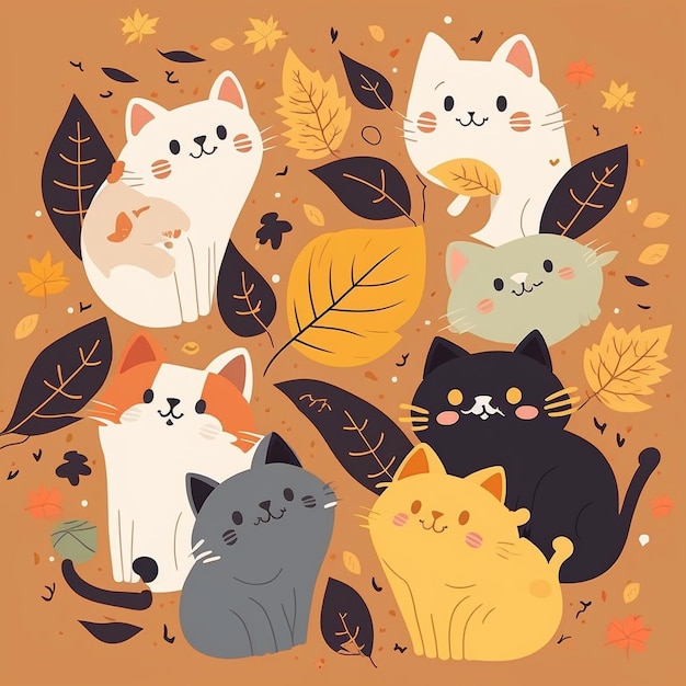 Gatti carini, illustrazione 2d, vettore, stile cartone animato, sfondo di foglie d'autunno