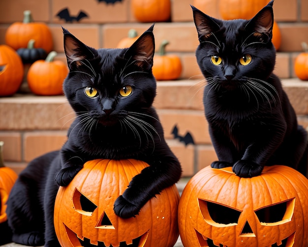 Gatti di Halloween sulle zucche