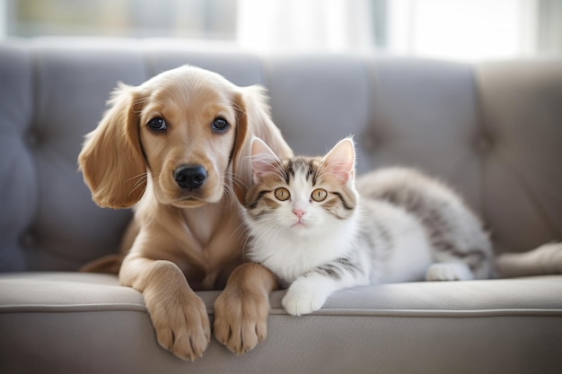 Gatti e cani carini hanno dei bei capelli soffici sul morbido divano della casa IA generativa