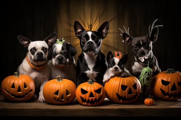 Gatti e cani che indossano costumi di Halloween seduti sul portico decorato