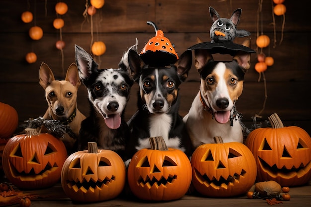Gatti e cani che indossano costumi di Halloween seduti sul portico decorato
