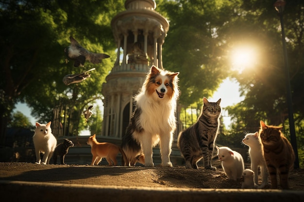 Gatti e cani si divertono nel parco generativo di Ai