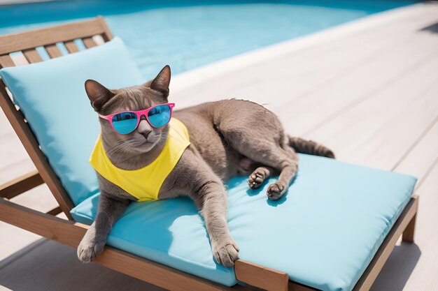 gatti in una maglietta colorata brillante e occhiali da sole poggiano su una piscina