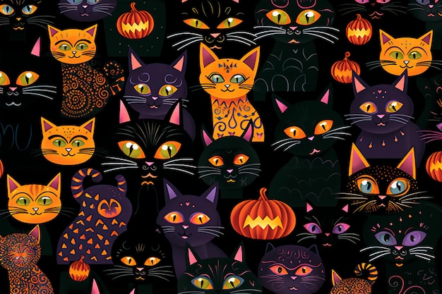 Gatti neri Schema di Halloween Gatto strega Sfondo carta da parati Generazione AI