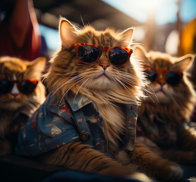 Gatti pelosi e carini a pelo lungo che indossano occhiali da sole e camicie simili Felini che prendono il sole sullo sfondo sfocato