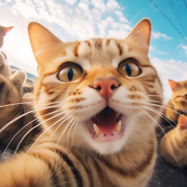 gatti wefie con sorriso e faccia felice carino soffice iper realistico bella luce da sogno