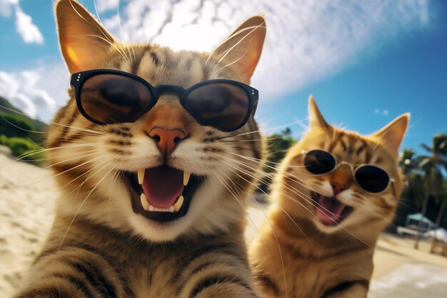 gatti wefie con sorriso e faccia felice in spiaggia, teneri e soffici, iper realistici