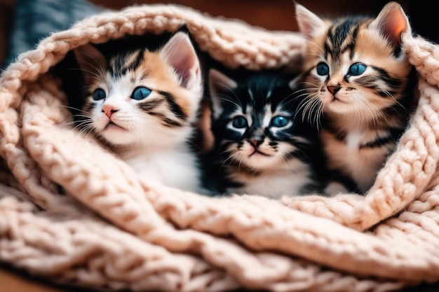 Gattini che si stringono a sé sotto una coperta