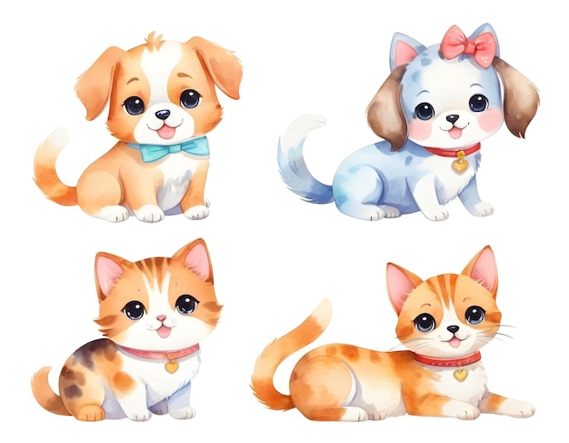 Gattini e cuccioli di kawaii in stile acquerello Oggetti su sfondo bianco