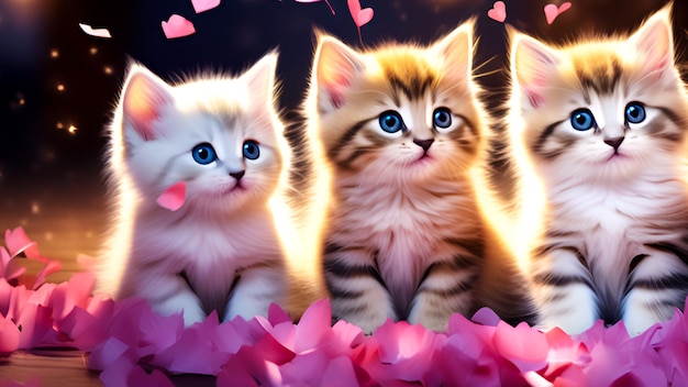 Gattini giocosi che creano note d'amore con confetti vibranti a forma di cuore