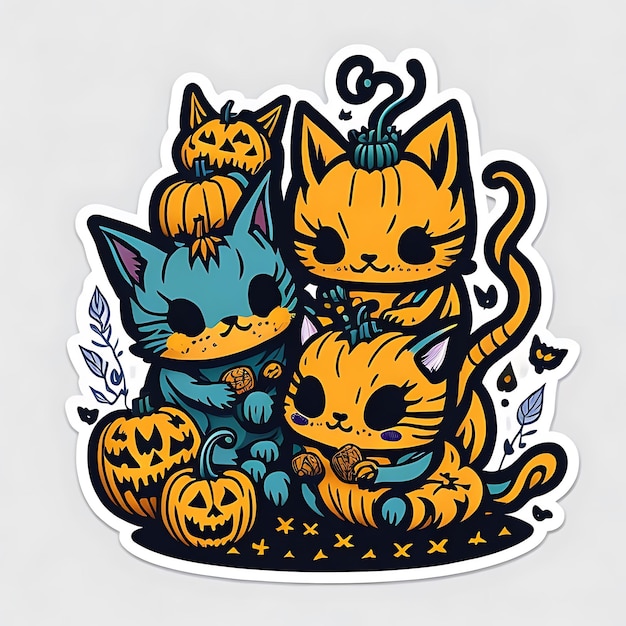 Gattini Kawaii che giocano con una piccola zucca di Halloween