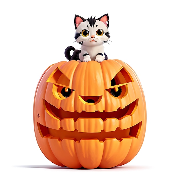 Gattini Kawaii che giocano con una piccola zucca di Halloween