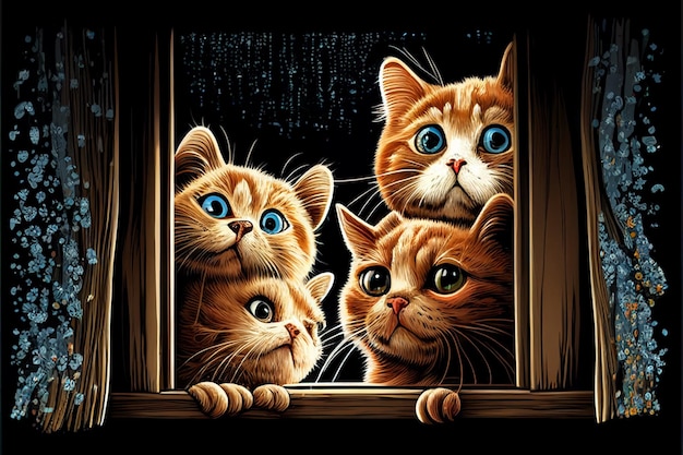 Gattini sorpresi guardano fuori dalla finestra generata dall'AI