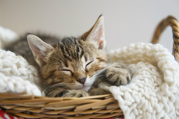 Gattino addormentato in un cesto di vimini con un morbido lancio bianco
