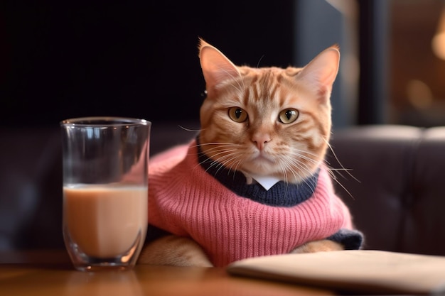 Gattino allo zenzero in maglione lavorato a maglia rosa nella caffetteria IA generativa