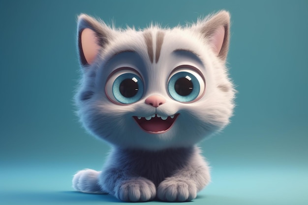 Gattino bianco simpatico cartone animato su sfondo blu rendering 3D