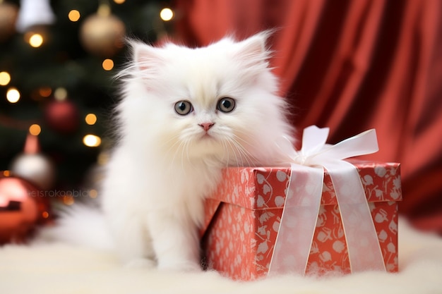 Gattino bianco su un regalo di Natale