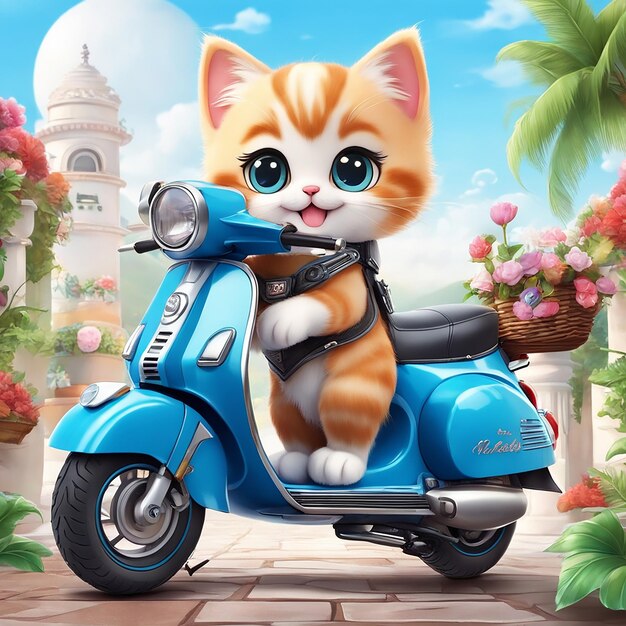 gattino carino che guida una moto Vespa