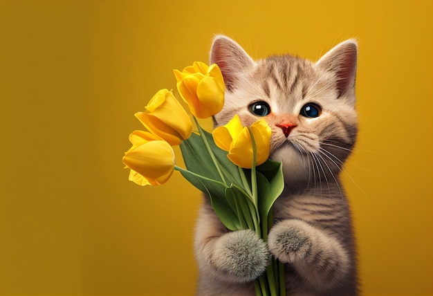 Gattino carino con bouquet di tulipani gialli su sfondo giallo ai generativa