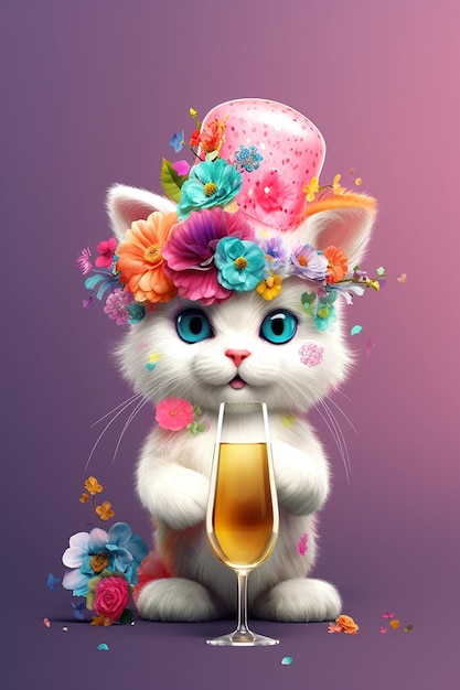 Gattino carino con cappello floreale e bicchiere di champagne IA generativa